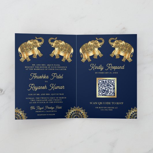 Blauw Goud Etnische Olifanten Indiase QR Code Brui (Binnen)