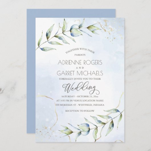 Blauw & Goud Eucalyptus Waterverf bruiloft Kaart (Voorkant / Achterkant)