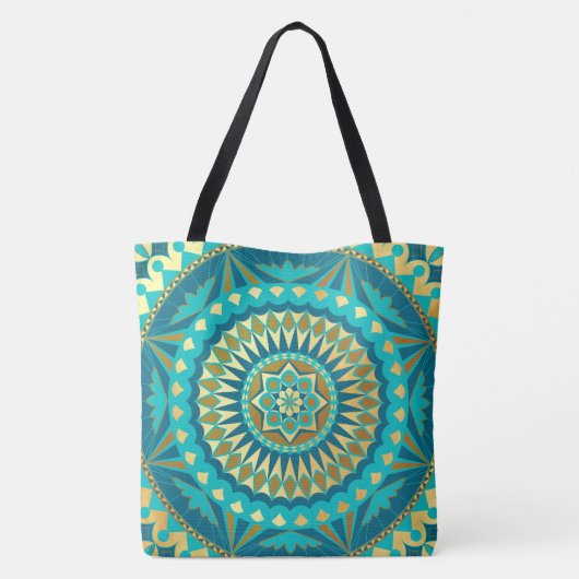 Blauw Goud Fantasie Mandala Tote Bag (Achterkant)