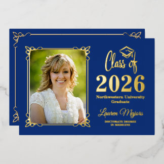 Blauw Goud FOIL Klas van 2026 Foto Afstuderen Folie Uitnodiging