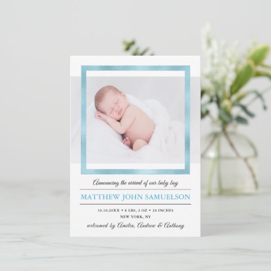 Blauw Goud Folie Nieuwe Baby Jongen Geboortestatis Aankondiging (Staand voorkant)