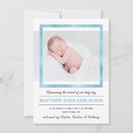 Blauw Goud Folie Nieuwe Baby Jongen Geboortestatis Aankondiging (Voorkant)