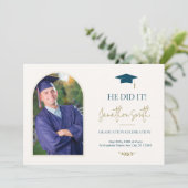 Blauw Goud Foto Afstudeerfeest Uitnodiging (Staand voorkant)