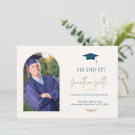 Blauw Goud Foto Afstudeerfeest Uitnodiging (Staand voorkant)