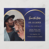 Blauw goud foto boog bruiloft Save the Date kaart (Voorkant)