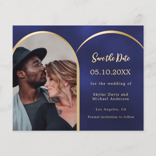 Blauw goud foto boog bruiloft Save the Date kaart (Voorkant)