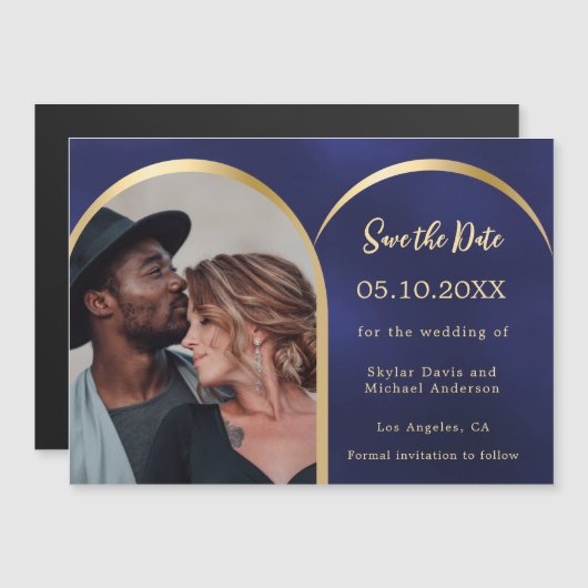 Blauw goud foto boog bruiloft Save the Date kaart Magnetische Uitnodiging (Voorkant / Achterkant)
