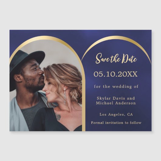 Blauw goud foto boog bruiloft Save the Date kaart Magnetische Uitnodiging (Voorkant)