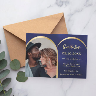Blauw goud foto boog bruiloft Save the Date kaart Magnetische Uitnodiging