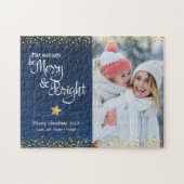 Blauw Goud Foto Dagen Merry Bright Script Vakantie Legpuzzel (Horizontaal)