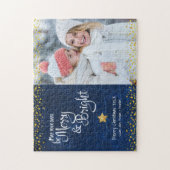 Blauw Goud Foto Dagen Merry Bright Script Vakantie Legpuzzel (Verticaal)