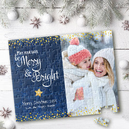 Blauw Goud Foto Dagen Merry Bright Script Vakantie Legpuzzel