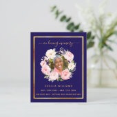 Blauw goud foto roze bloemen begrafenis programma (Staand voorkant)