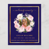 Blauw goud foto roze bloemen begrafenis programma (Voorkant)