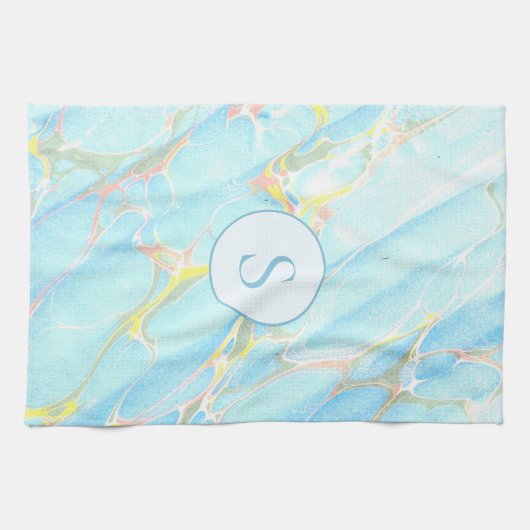 Blauw Goud Gedrukt Marmeren Patroon Custom Monogra Theedoek (Horizontaal)
