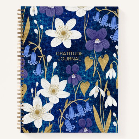 Blauw & Goud Geïllustreerd Bloemen Dankbaarheidsbl Notitieboek (Voorkant)
