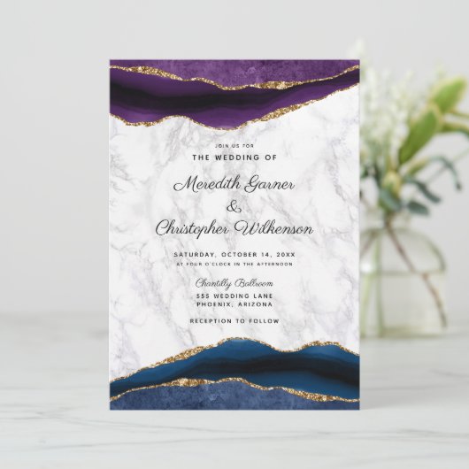 Blauw Goud Geode Paarse Agaat Bruiloft Kaart (Staand voorkant)