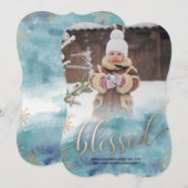 Blauw Goud Gezegende Waterverf Kerstmis Fotokaart Feestdagenkaart (Voorkant / Achterkant)