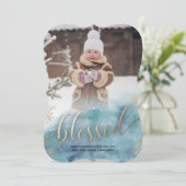 Blauw Goud Gezegende Waterverf Kerstmis Fotokaart Feestdagenkaart (Staand voorkant)