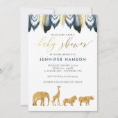Blauw Goud Glam Safari Baby shower Uitnodiging (Voorkant)