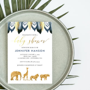 Blauw Goud Glam Safari Baby shower Uitnodiging