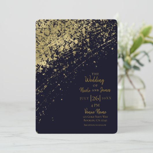 Blauw & Goud Glamour Paint Splatter Modern Wedding Kaart (Staand voorkant)