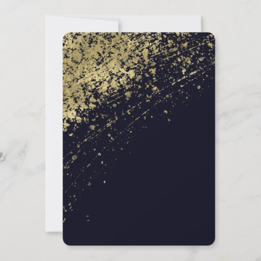 Blauw & Goud Glamour Paint Splatter Modern Wedding Kaart (Achterkant)