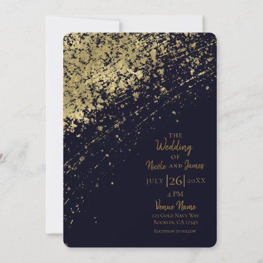 Blauw & Goud Glamour Paint Splatter Modern Wedding Kaart (Voorkant)