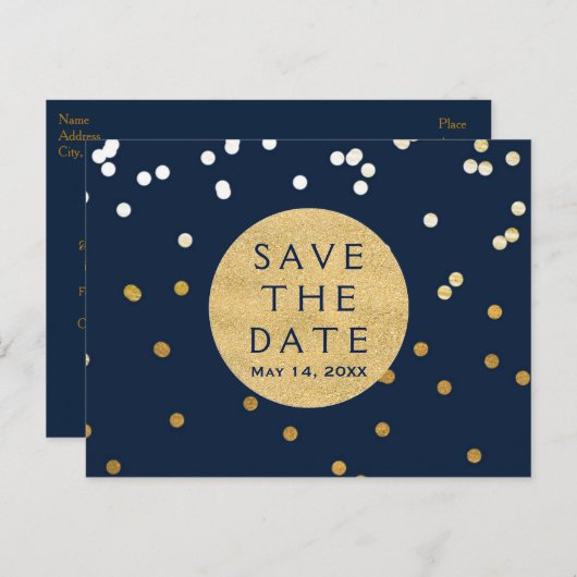 Blauw & Goud Glanzend Confetti Stippen Save The Da Aankondigingskaart (Voorkant / Achterkant)