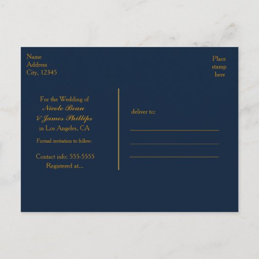 Blauw & Goud Glanzend Confetti Stippen Save The Da Aankondigingskaart (Achterkant)