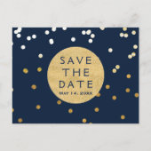 Blauw & Goud Glanzend Confetti Stippen Save The Da Aankondigingskaart (Voorkant)