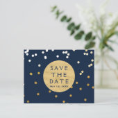 Blauw & Goud Glanzend Confetti Stippen Save The Da Aankondigingskaart (Staand voorkant)