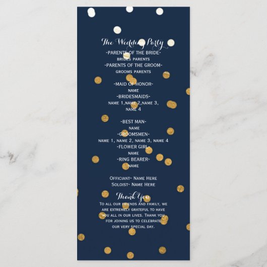 Blauw & Goud Glanzend Faux Folie Confetti Programm Programmakaart (Achterkant)