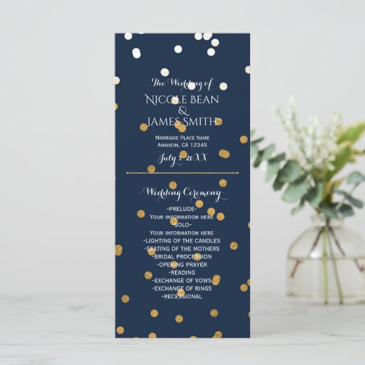 Blauw & Goud Glanzend Faux Folie Confetti Programm Programmakaart (Staand voorkant)