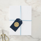 Blauw & Goud Glanzende Confetti Stippen Chic Moder Cadeaulabel (Met Touw)