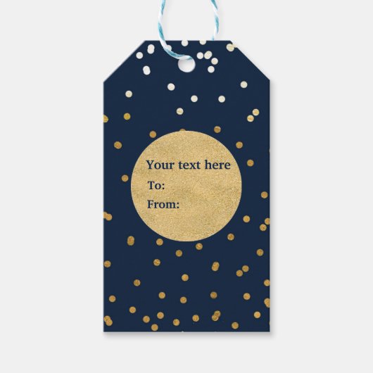 Blauw & Goud Glanzende Confetti Stippen Chic Moder Cadeaulabel (Voorkant)