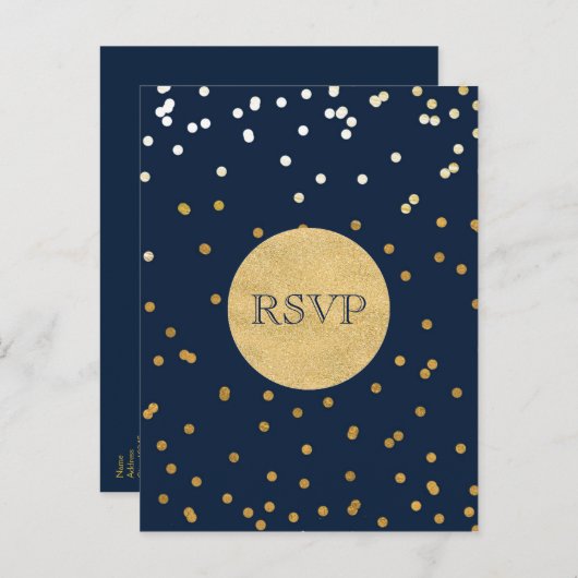 Blauw & Goud Glanzende Confetti Stippen Chic Moder Uitnodiging Briefkaart (Voorkant / Achterkant)