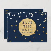 Blauw & Goud Glanzende Confetti Stippen Save The D Aankondigingskaart (Voorkant / Achterkant)