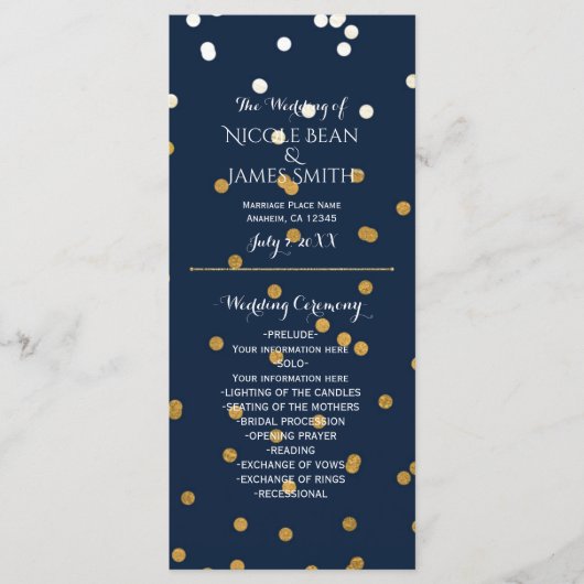 Blauw & Goud Glanzende Nep Folie Confetti Programm Programmakaart (Voorkant)
