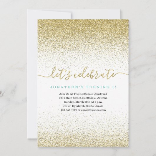 Blauw & Goud Glitter 1e Verjaardag Uitnodiging EER (Voorkant)