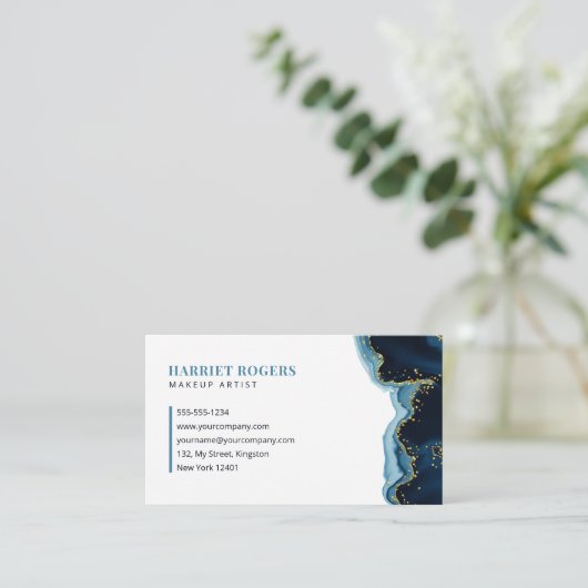 Blauw Goud Glitter Agaat Make-up Artist Initiaal L Visitekaartje (Staand voorkant)