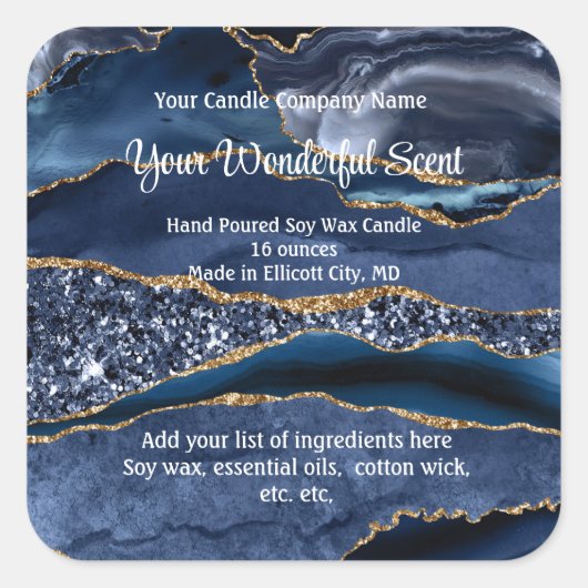 Blauw Goud Glitter Agate Marmer Kaarslabels Vierkante Sticker (Voorkant)