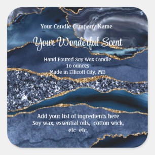 Blauw Goud Glitter Agate Marmer Kaarslabels Vierkante Sticker