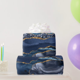 Blauw Goud Glitter Agate Marmer Trendy Chic Cadeaupapier