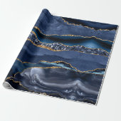 Blauw Goud Glitter Agate Marmer Trendy Chic Cadeaupapier (Uitgerold)