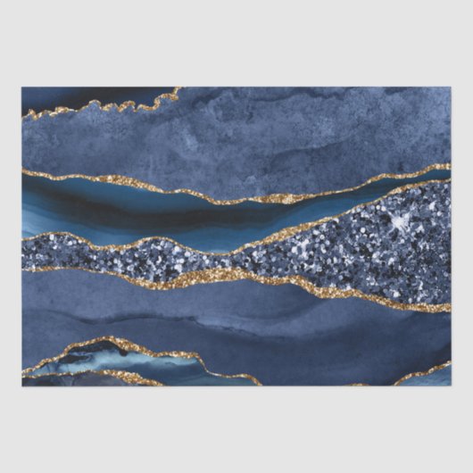 Blauw Goud Glitter Agate Marmer Trendy Decoupage Tissuepapier (Voorkant)
