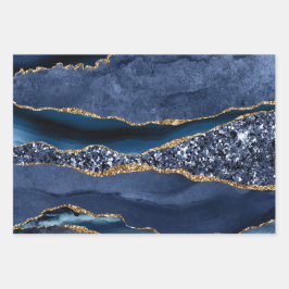 Blauw Goud Glitter Agate Marmer Trendy Inpakpapier Vel