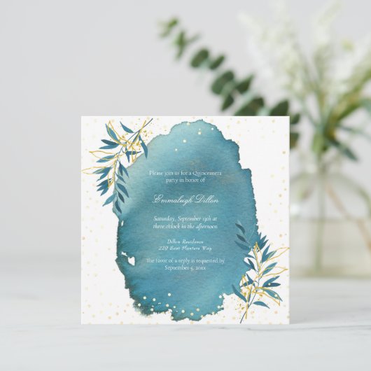 Blauw Goud Glitter Botanisch Quinceanera Feest Kaart (Staand voorkant)