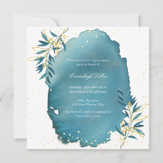 Blauw Goud Glitter Botanisch Quinceanera Feest Kaart (Voorkant)