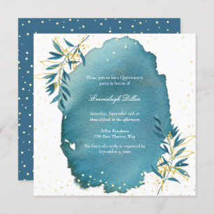 Blauw Goud Glitter Botanische Quinceanera Partij Kaart